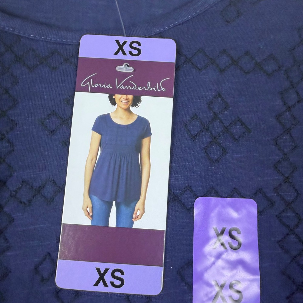 Gloria Vanderbilt Womens Navy Blue Embroidered Short Sleeve Top XS NWT